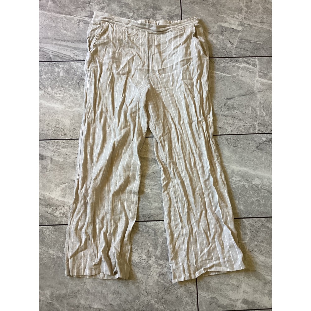 Joie Womens Large Linen Blend Wide Leg Pinstripe Pants Beige White Elastic Waist